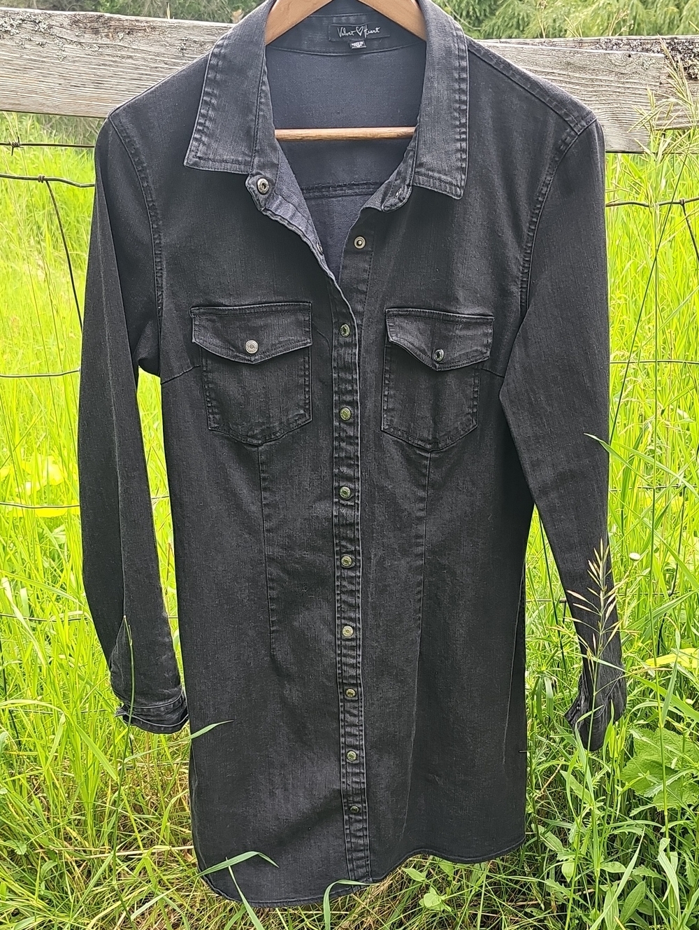 Black Denim Velvet Heart Shirt Dress | Button Front | Long Sleeve | Size L - Picture 2 of 7